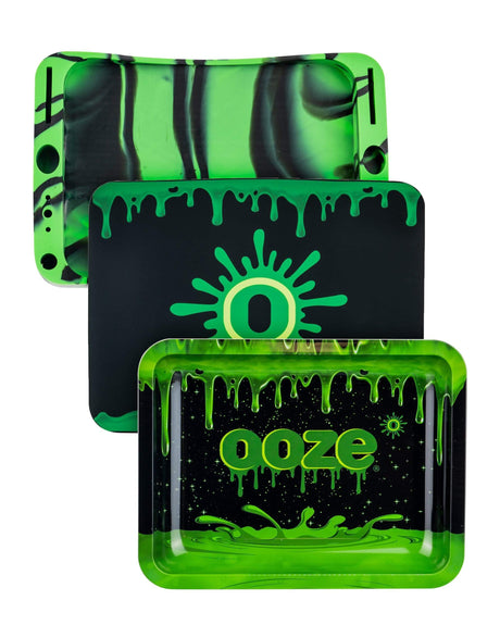 Ooze Dab Depot 3 Piece Combo Tray in Black and Green, Silicone and Metal, for Concentrates and Dry Herbs