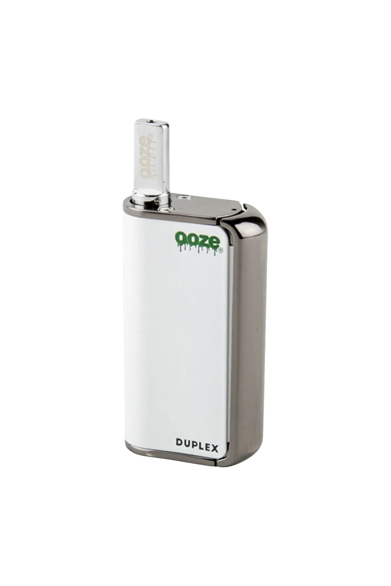 Ooze Duplex Dual Extract Vaporizer in White, Front View with Glass Cartridge, Portable Battery-Powered