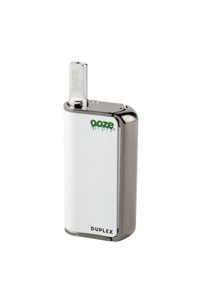 Ooze Duplex Dual Extract Vaporizer in White, Front View with Glass Cartridge, Portable Battery-Powered