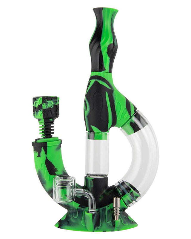 Ooze Echo 4-in-1 Silicone Bong in Chameleon Green with Clear Accents, 90 Degree Joint