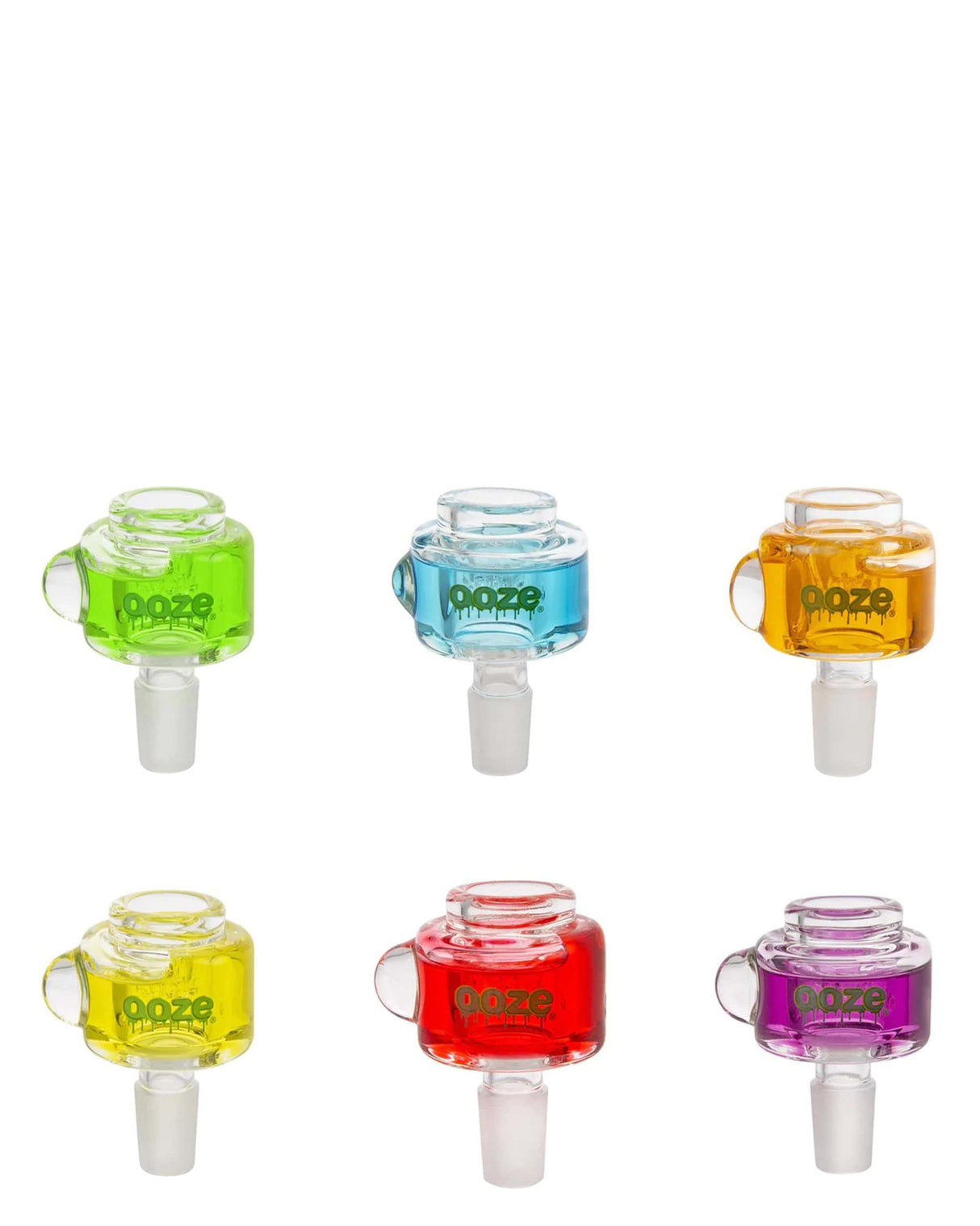Assorted Ooze Glyco Freezeable Glass Bowls in vibrant colors for bongs, front view on white