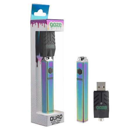 Ooze Quad Flex Temp Vape Pen Battery in Rainbow with USB Charger, Front View