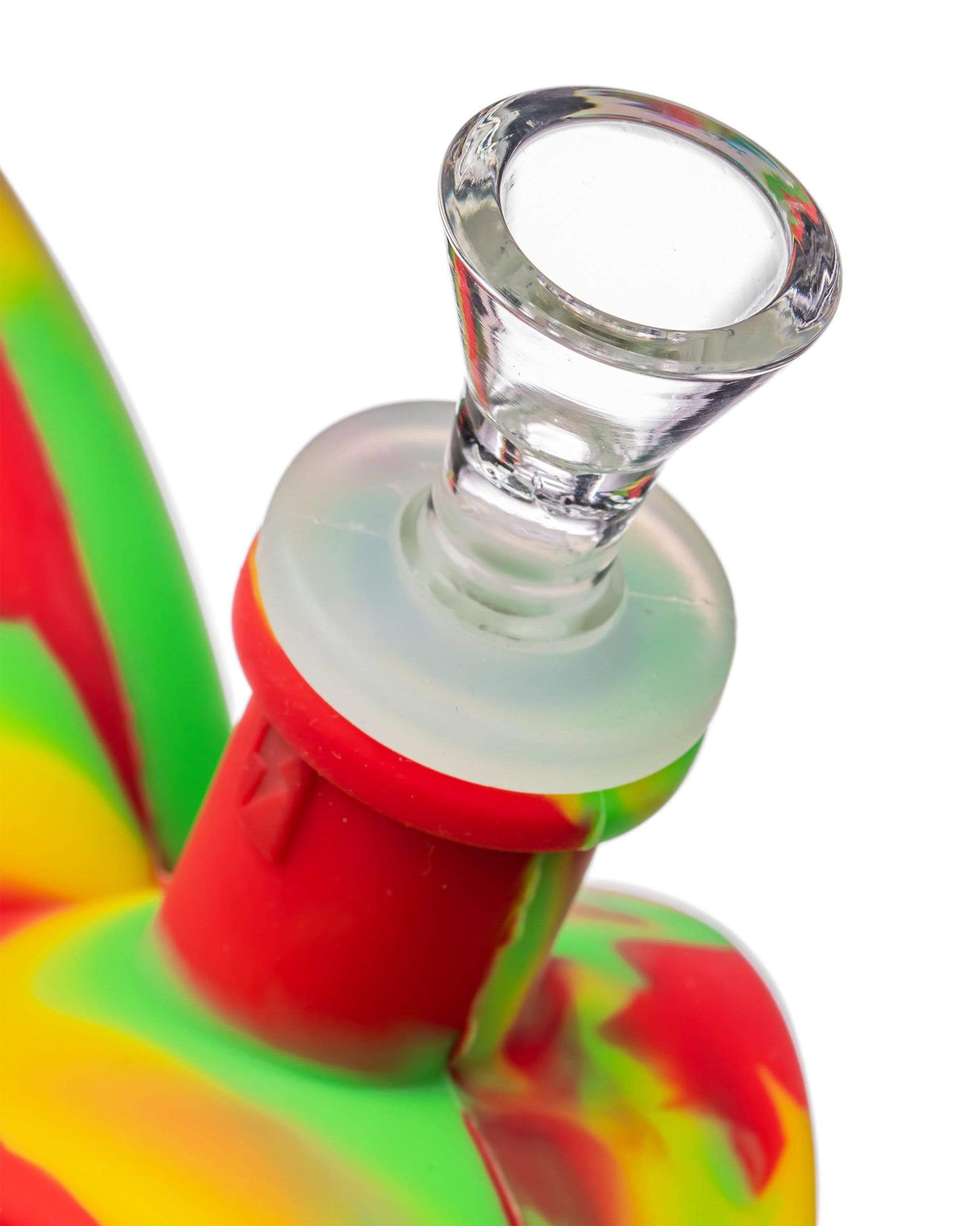 Close-up of Ooze Silicone Kettle Bubbler in Rasta colors with 14mm female joint