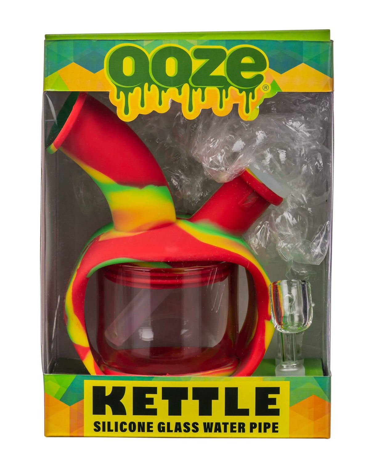 Ooze Silicone Kettle Bubbler in Rasta colors, 7" height, 45-degree joint, for concentrates, packaged view