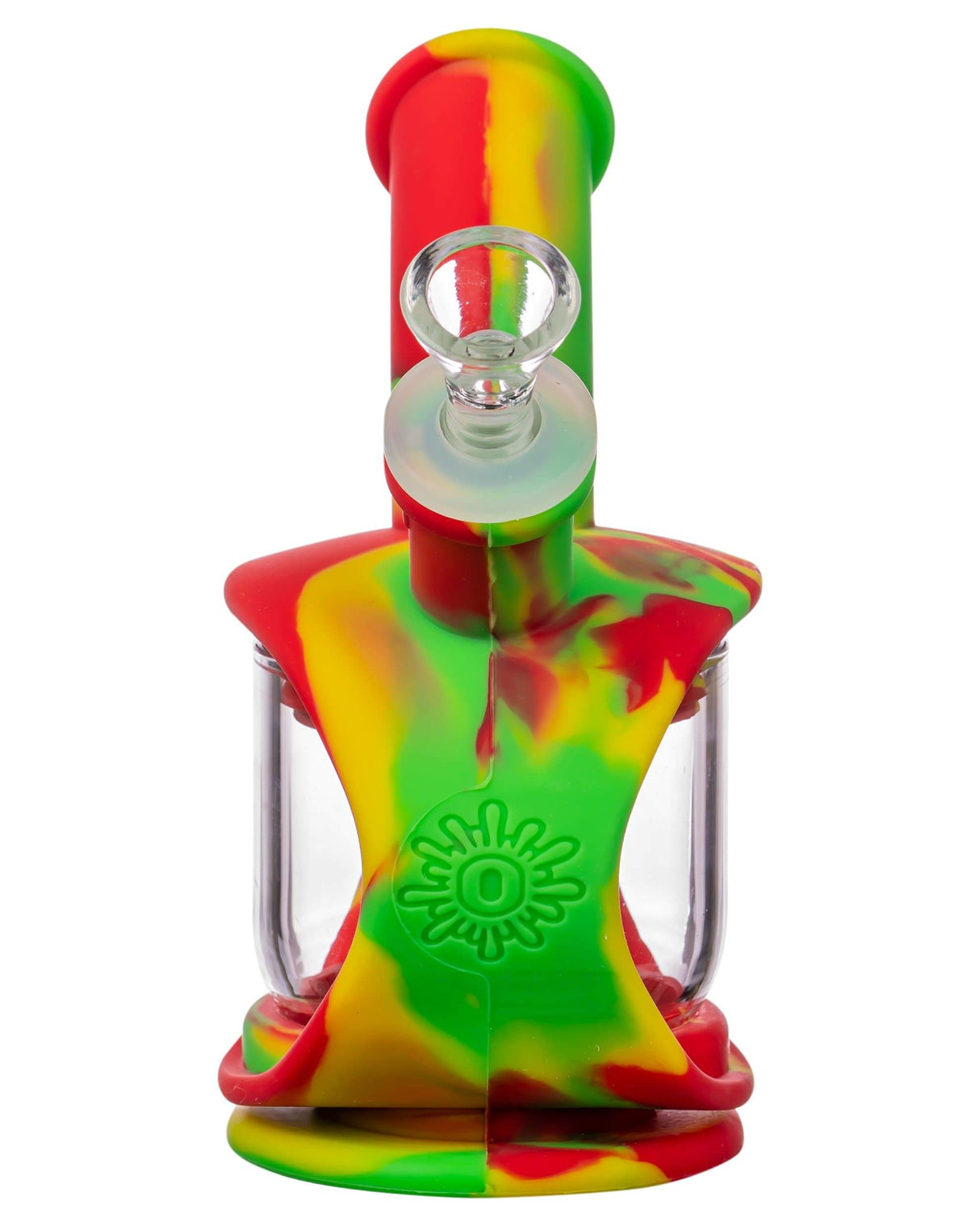Ooze Silicone Kettle Bubbler in Rasta colors, 7" tall with 45-degree joint, front view on white background