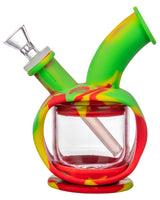 Ooze Silicone Kettle Bubbler in Rasta colors, front view, 7" tall with 45-degree joint