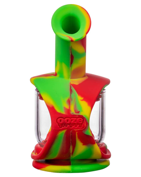 Ooze Silicone Kettle Bubbler in vibrant Rasta colors, 7" portable design with 45-degree joint, front view.