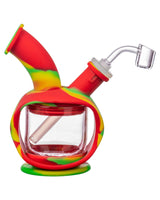Ooze Silicone Kettle Bubbler in Rasta colors, 45 Degree Joint, 7" height, front view on white background