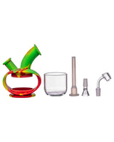 Ooze Silicone Kettle Bubbler in Rasta colors with glass bowl and quartz banger attachments