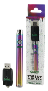 Ooze Slim Twist Vape Battery in Rainbow with USB Charger, 510 Thread, Front View