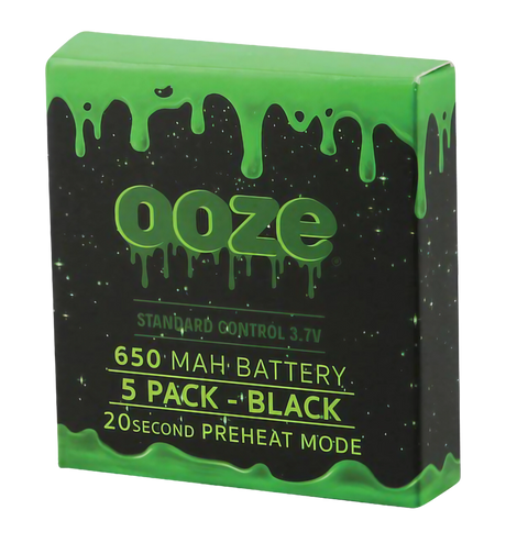 Front view of Ooze Standard 650mAh Batteries 5-Pack in Black with 20-second preheat mode