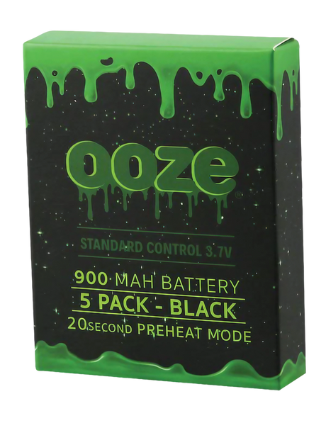 Ooze Standard 900mAh Batteries 5-Pack for Vaporizers, Black with Green Detailing, Front View