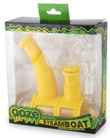 Ooze Steamboat Silicone Bubbler in Yellow, Front View in Packaging, for Dry Herbs and Concentrates