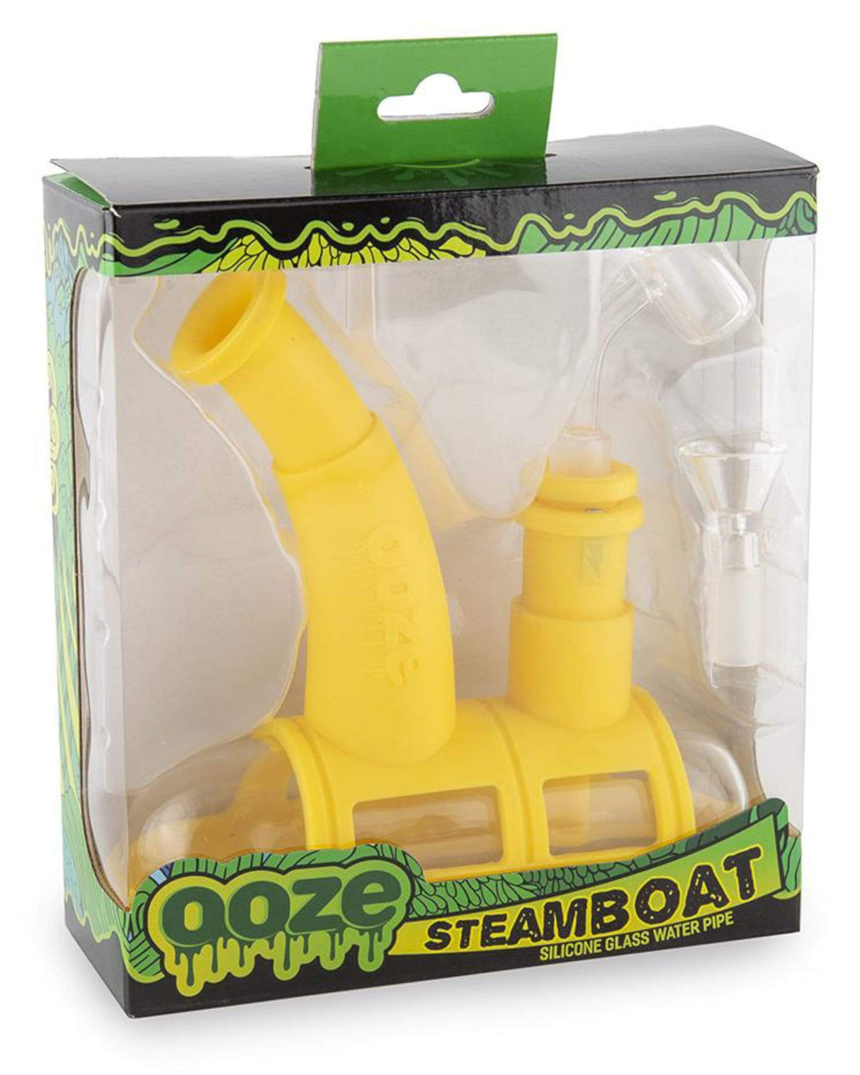 Ooze Steamboat Silicone Bubbler in Yellow, Front View Packaged for Durability and Portability