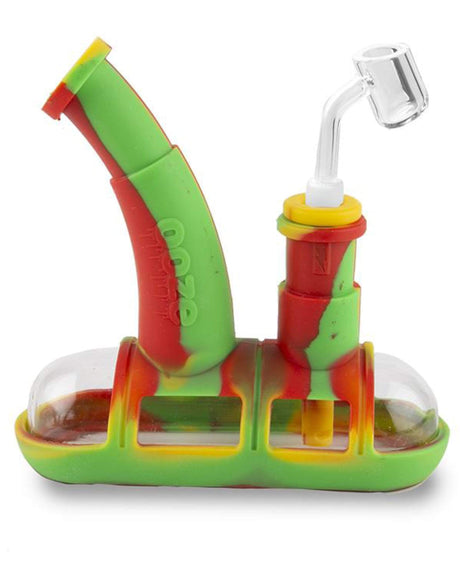 Ooze Steamboat Silicone Bubbler in Rasta colors, 90 degree joint, for dry herbs and concentrates