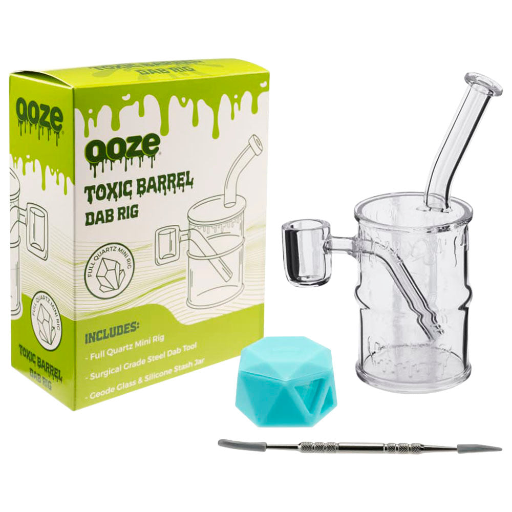 Ooze Toxic Barrel Mini Quartz Dab Rig set with box, dab tool, and carb cap