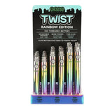 Ooze Twist Variable Voltage Batteries on display, available in Black, Gold, Rainbow colors, front view