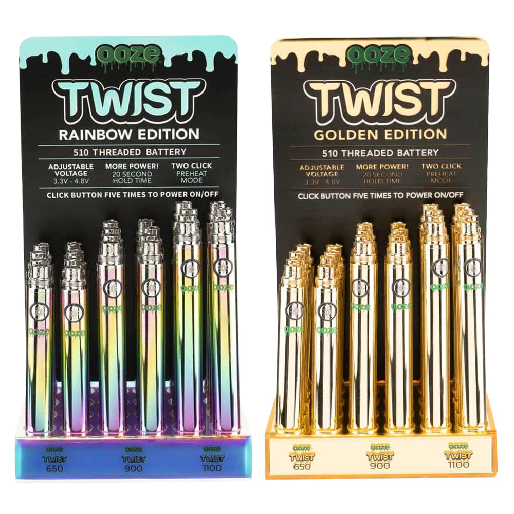 Ooze Twist Variable Voltage Batteries in Rainbow & Gold displayed in a 24pc set, front view