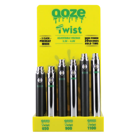 Ooze Twist Variable Voltage Batteries on display, featuring adjustable voltage and preheat mode
