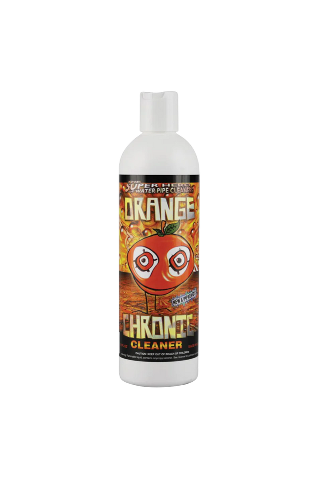 Orange Chronic 12oz bottle for effective bong cleaning, front view on white background