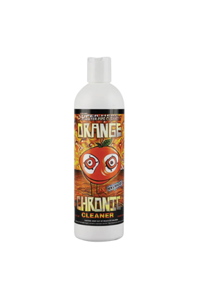 Orange Chronic 12oz bottle for effective bong cleaning, front view on white background