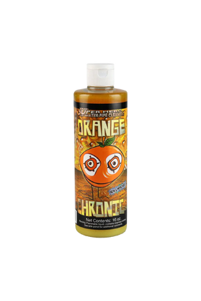 Orange Chronic 16oz bottle of cleaning solution for bongs, front view on white background