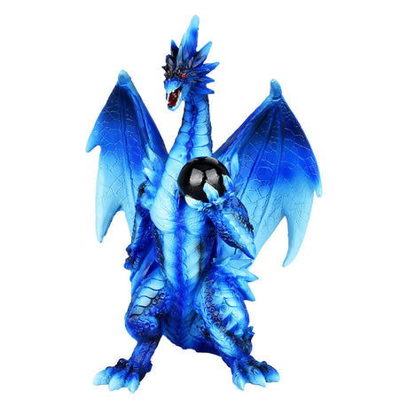 Blue Orb-Wielding Dragon Guardian Figurine, 7.5" Polyresin Home Decor, Front View