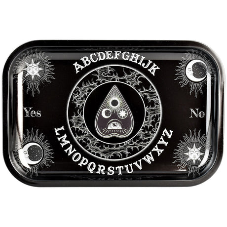 Ouija Board Metal Rolling Tray with mystical design, 11.25" x 7.5" size, top view