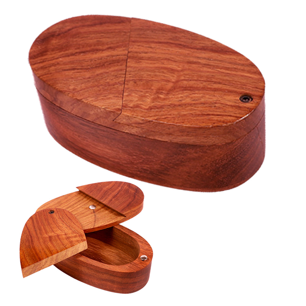 Oval Wooden Trick Storage Box, 4" x 2", with secret compartment, top and open view