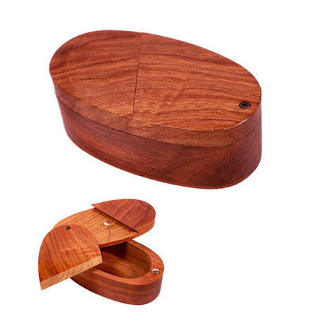 Oval Wooden Trick Storage Box, 4" x 2", closed top view and open angled view, compact size