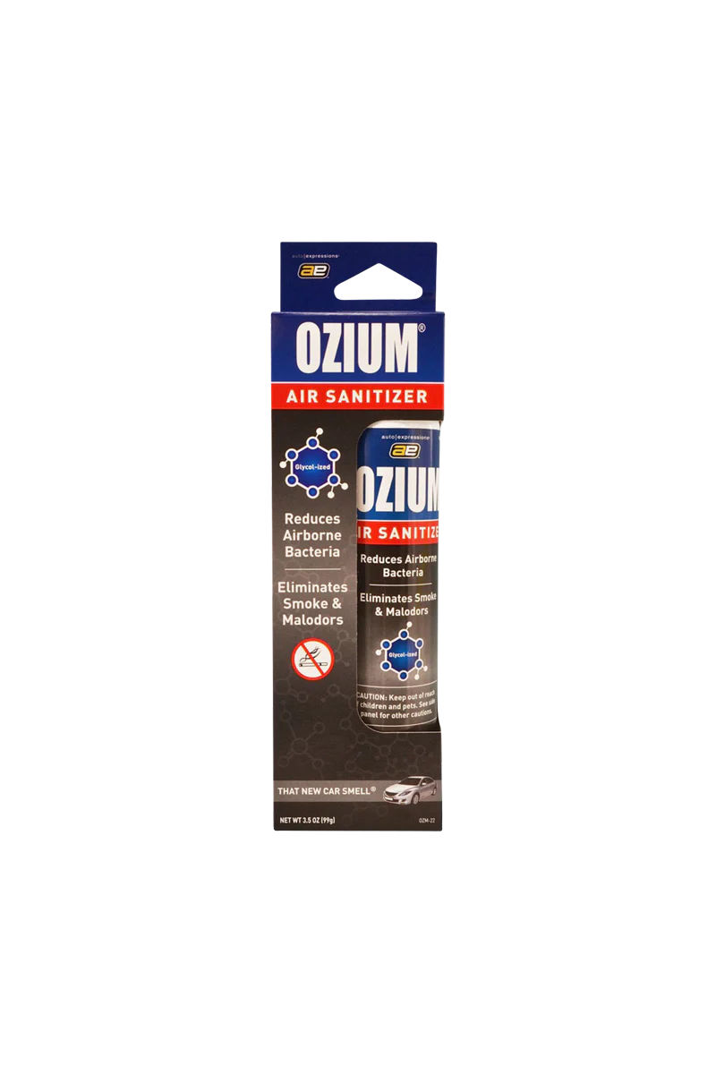 Ozium Air Sanitizer 3.5 oz with New Car Smell, front view on seamless white background