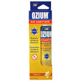 Ozium Air Sanitizer in Vanilla scent, 3.5 oz compact size, front view on seamless white background