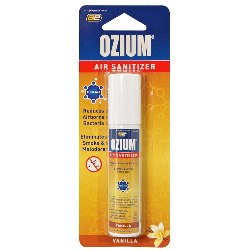 Ozium Vanilla Scented 0.8oz Air Sanitizer front view on retail packaging
