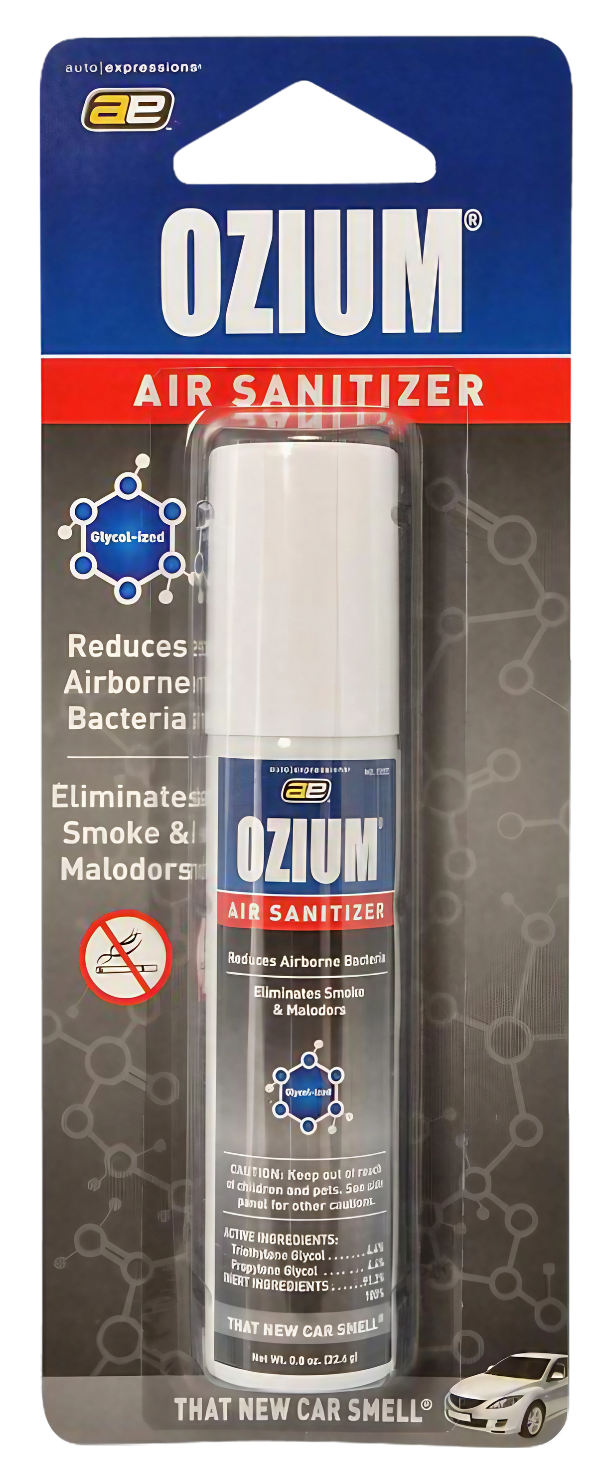 Ozium New Car Scent 0.8oz Air Sanitizer front view on retail packaging