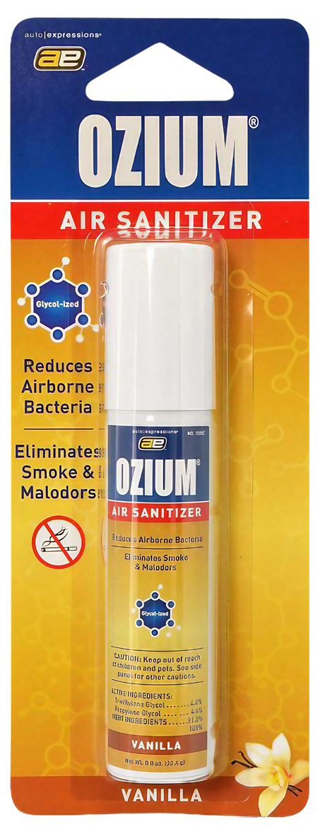 Ozium Vanilla Scented Air Sanitizer 0.8oz, Front View on Packaging, Eliminates Smoke and Odors
