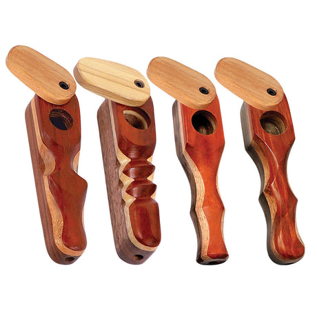Assorted Padauk Wood Spoon Pipes with Swivel Lids Displayed Side by Side