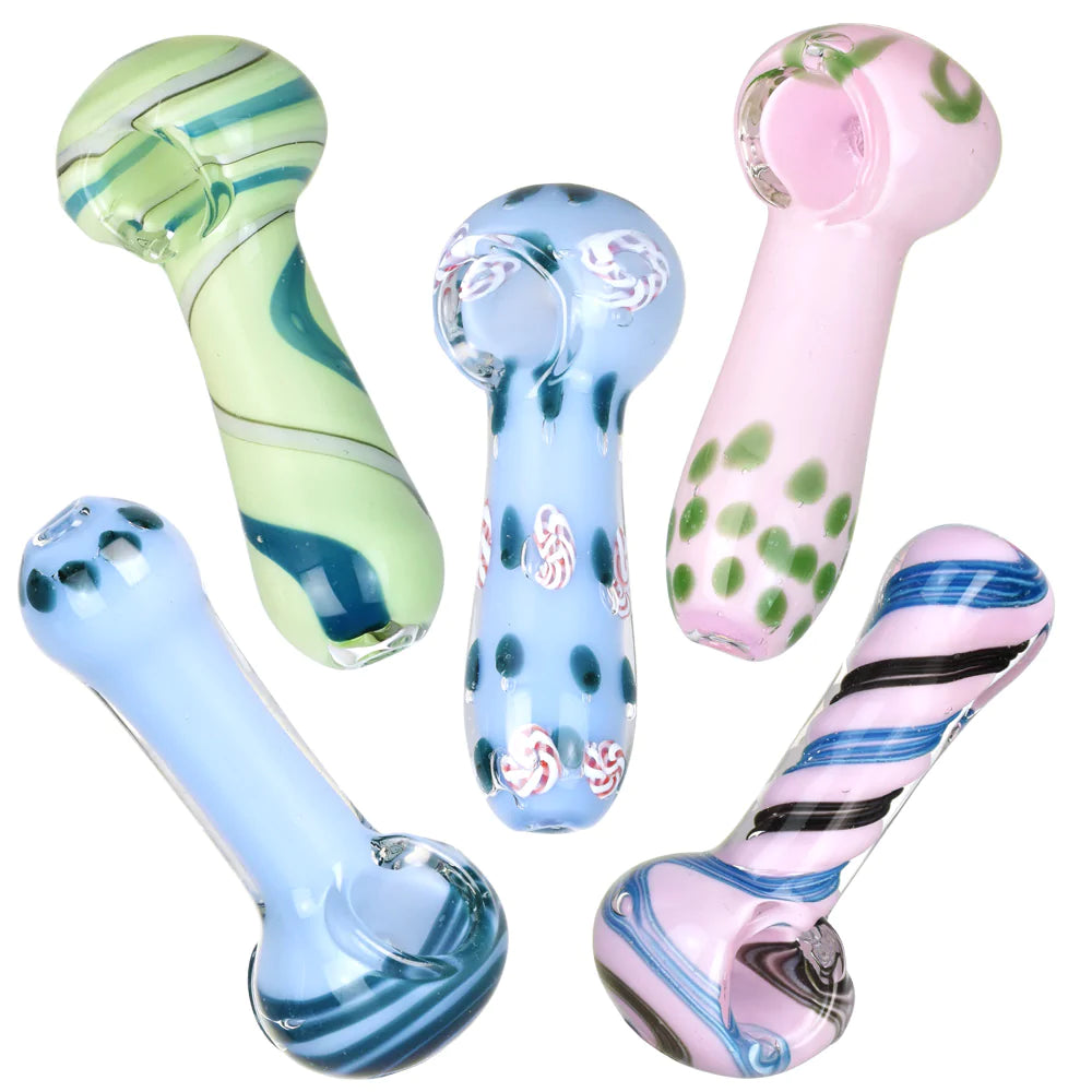 Assorted pastel-colored spoon pipes, compact 3.75" borosilicate glass, ideal for dry herbs