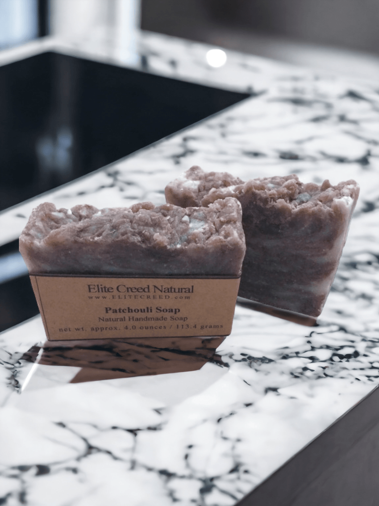 Elite Creed Natural Patchouli Handmade CBD Soap on Marble Surface