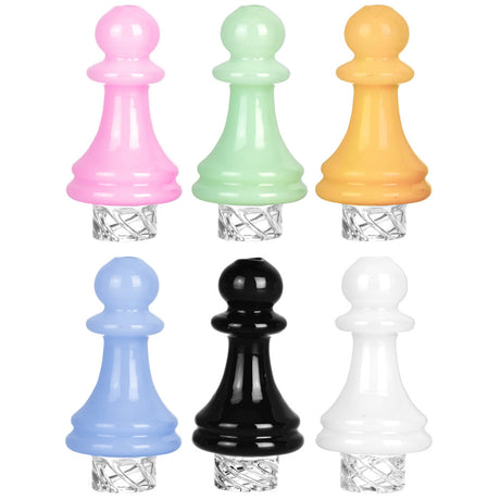 Colorful Pawn Chess Piece Vortex Carb Cap Set, 30mm Borosilicate Glass, 6 Pieces, Front View