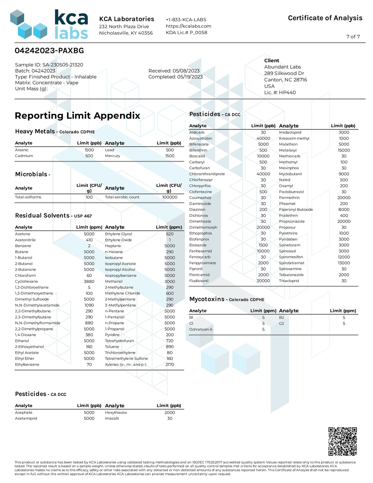 Certificate of Analysis document for PAX ERA D8 Pods displaying quality and safety tests.