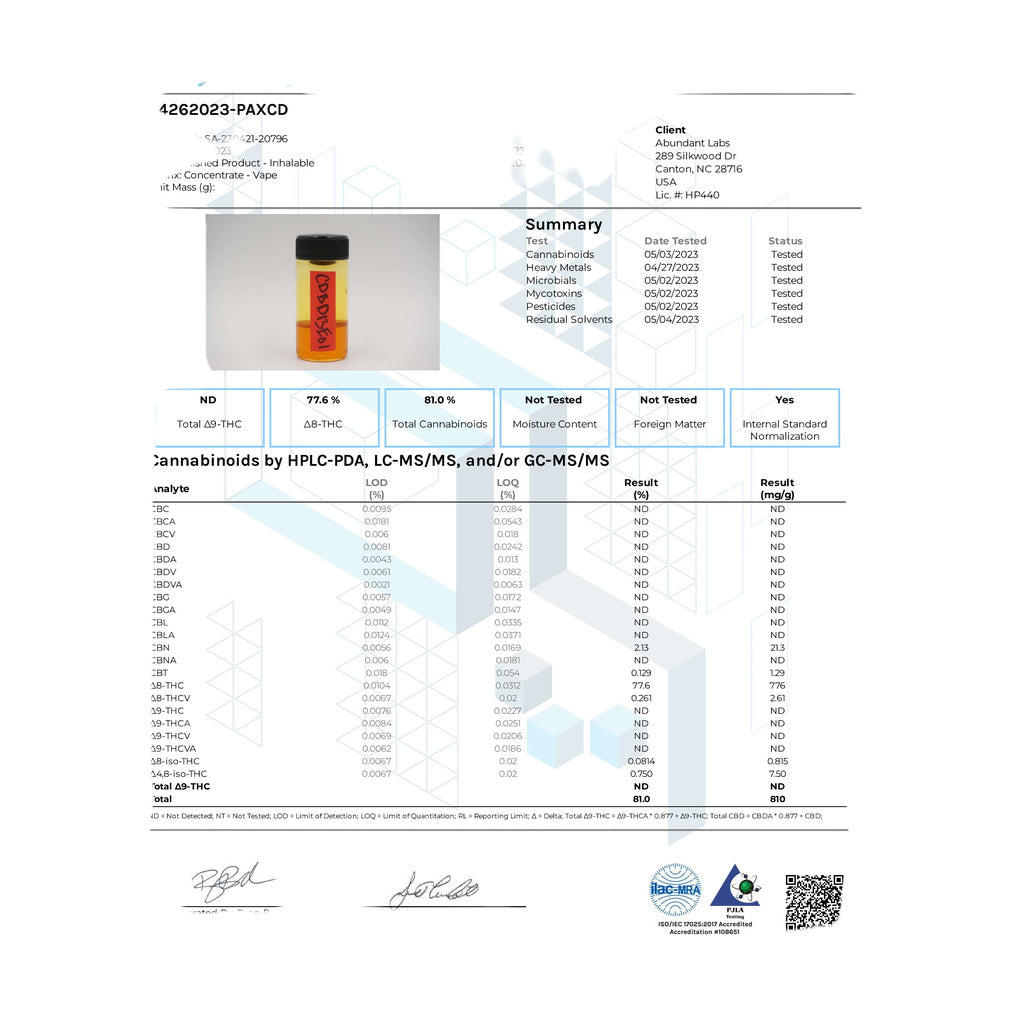 PAX ERA D8 Pod displayed on a certificate of analysis, showcasing product purity and contents