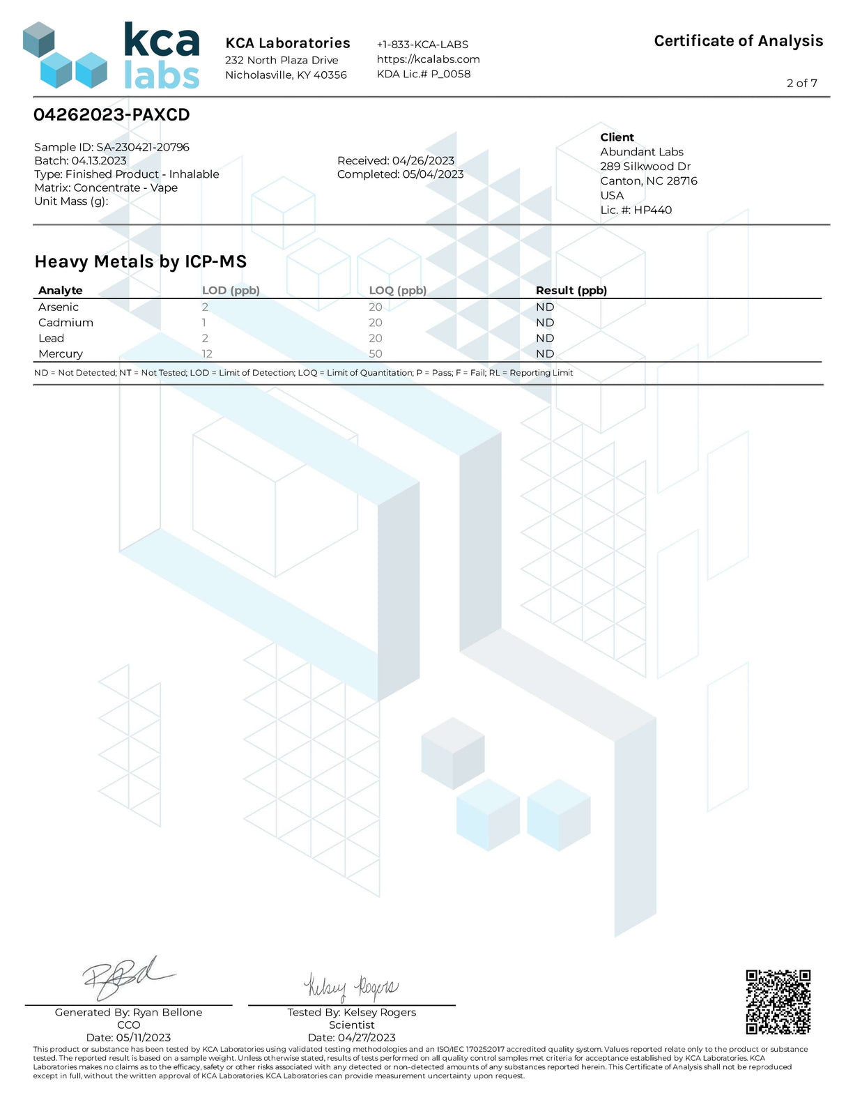 Certificate of Analysis for PAX ERA D8 Pods showing test results for heavy metals