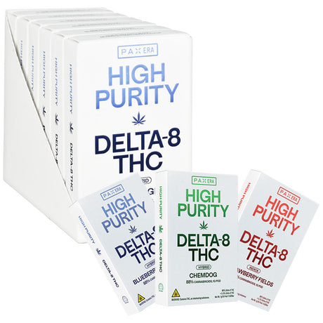 PAX ERA D8 THC Pods in 6pc Display Box, three flavors visible, front view on white background