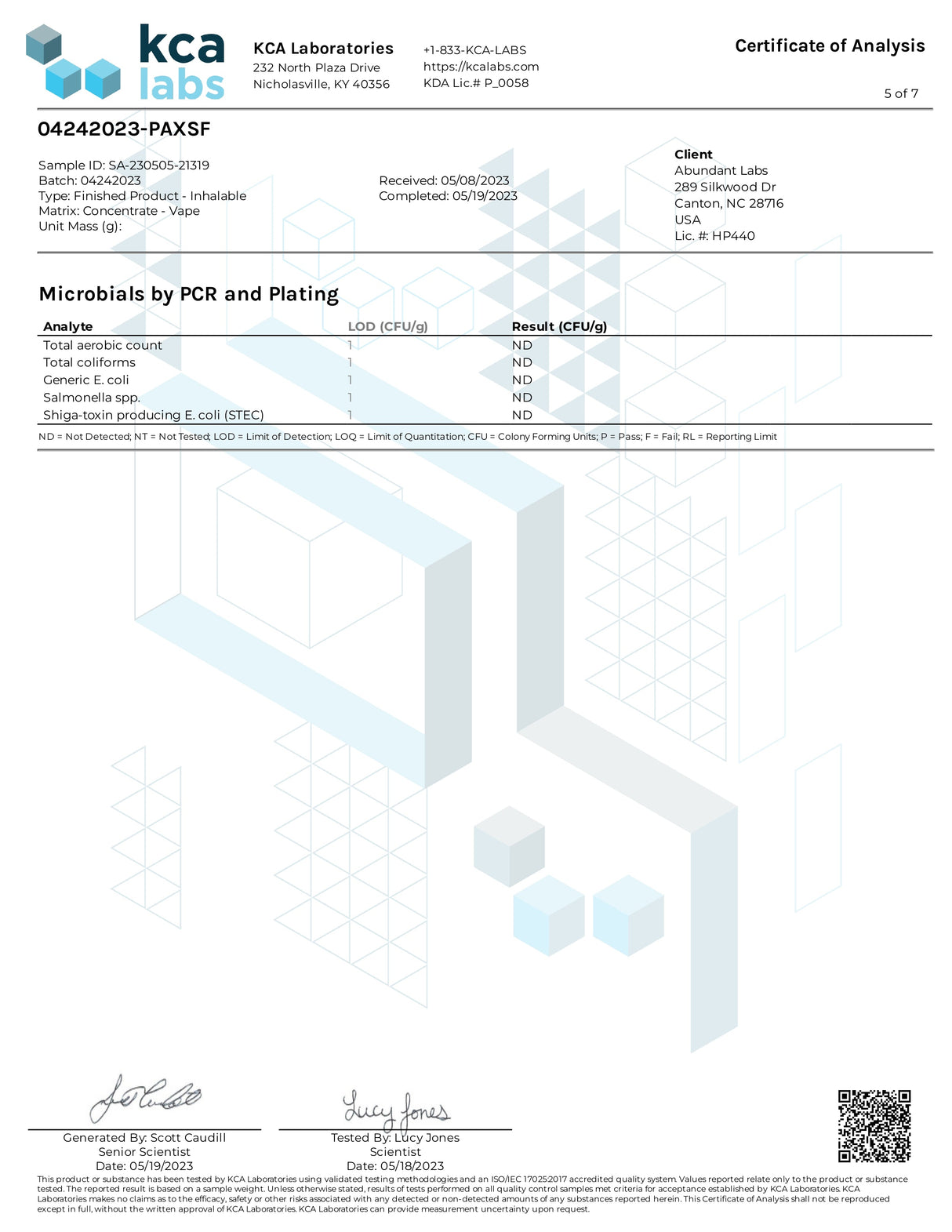 Sample image of a Certificate of Analysis document for quality assurance