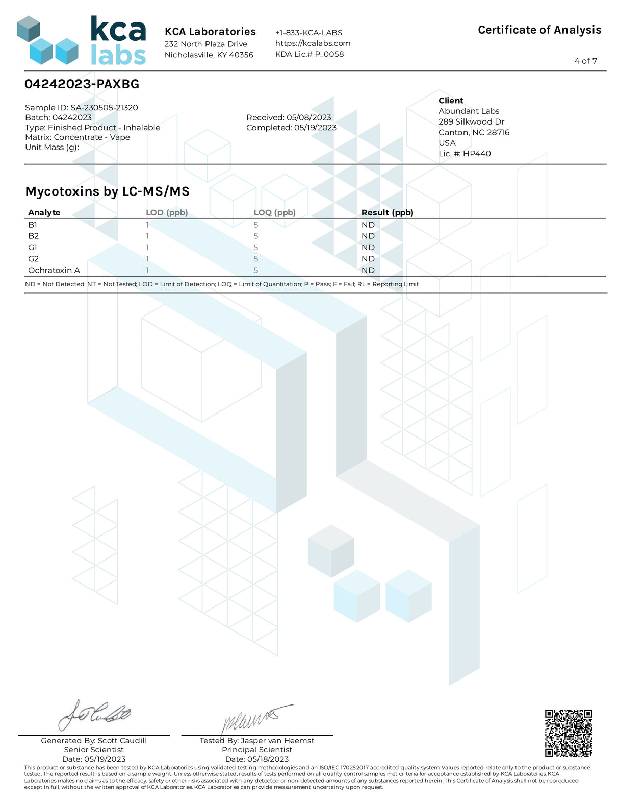 PAX ERA D8 Pods Certificate of Analysis document, ensuring product quality and safety