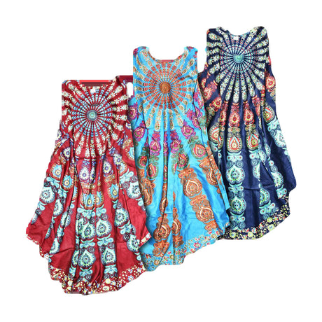 Three peacock pattern dresses in red, blue, and navy, one size fits all, Indian origin