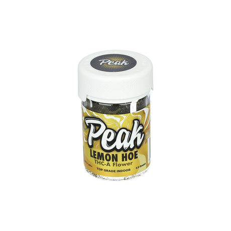 Peak Lemon Hoe THC-A Flower 3.5g jar, high potency indoor CBD, front view on white