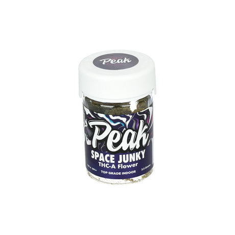 Peak Space Junky THC-A Flower 3.5g jar, high potency indoor CBD, front view on white