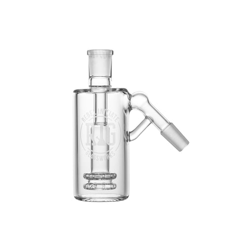 REBEL INITIATE GLASSWORKS Perc Ash Catcher 45, Clear Glass, Side View on White Background