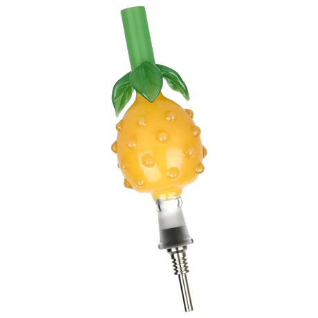 Perky Pineapple Glass Honey Straw with Titanium Tip, 6" size, angled view on striped background